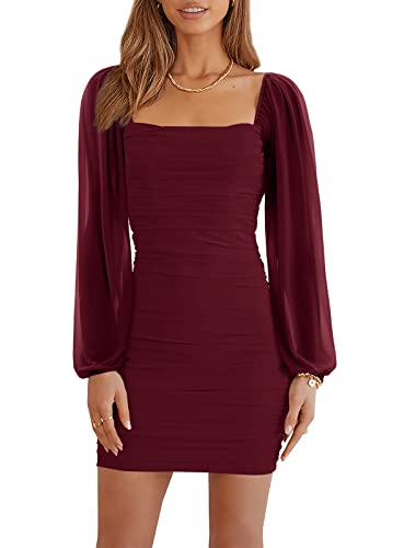 Wenrine Damen Mesh Langarm Quadratischer Ausschnitt gerafft Party Club Cocktail Bodycon Minikleid, weinrot, Mittel von Wenrine