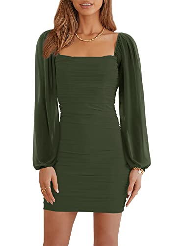 Wenrine Damen Mesh Langarm Square Neck Rüschen Party Club Cocktail Bodycon Mini Kleid von Wenrine