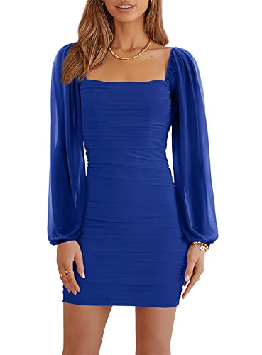 Wenrine Damen Mesh Langarm Square Neck Rüschen Party Club Cocktail Bodycon Mini Kleid von Wenrine