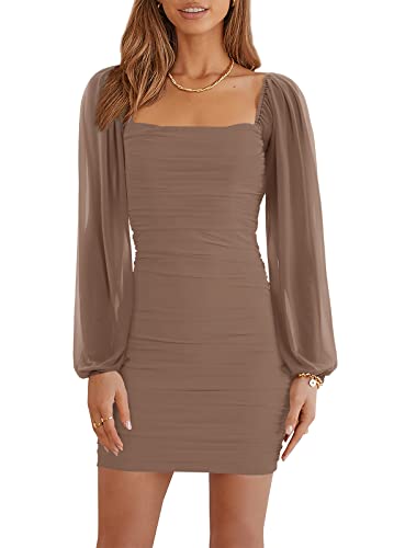 Wenrine Damen Mesh Langarm Square Neck Rüschen Party Club Cocktail Bodycon Mini Kleid von Wenrine