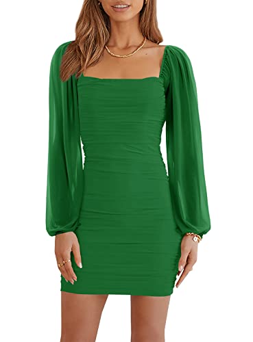 Wenrine Damen Mesh Langarm Square Neck Rüschen Party Club Cocktail Bodycon Mini Kleid von Wenrine