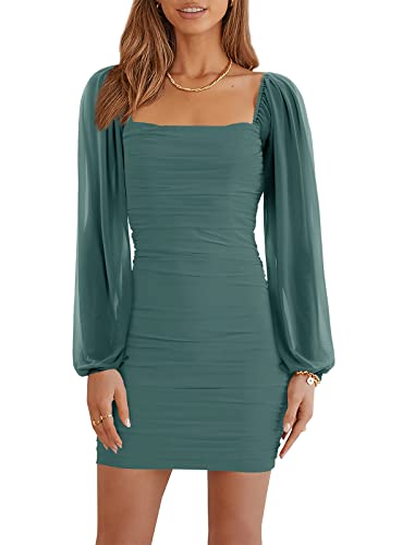 Wenrine Damen Kleider Party Cocktail Club Bodycon Kleid Hochzeitsgast Mesh Langarm Square Neck Minikleid Slim Fit(Grün,L) von Wenrine