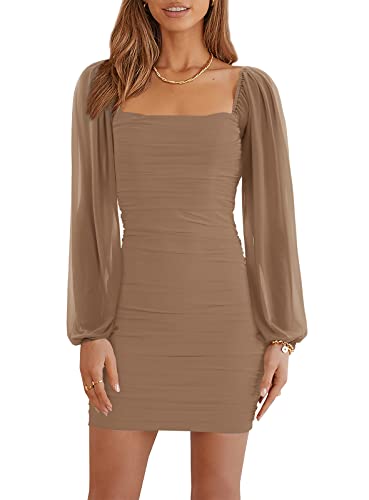 Wenrine Damen Mesh Langarm Square Neck Rüschen Party Club Cocktail Bodycon Mini Kleid von Wenrine