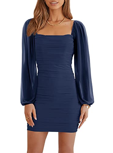 Wenrine Damen Mesh Langarm Square Neck Rüschen Party Club Cocktail Bodycon Mini Kleid von Wenrine