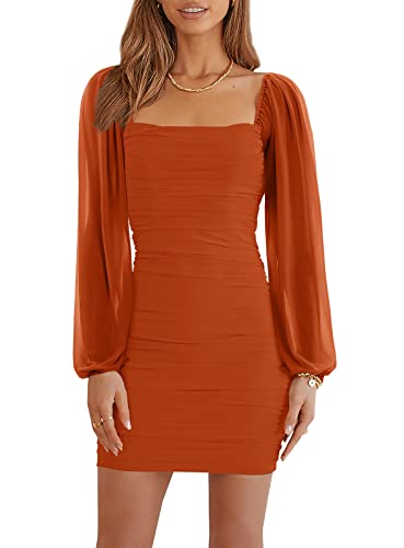 Wenrine Damen Mesh Langarm Square Neck Rüschen Party Club Cocktail Bodycon Mini Kleid von Wenrine