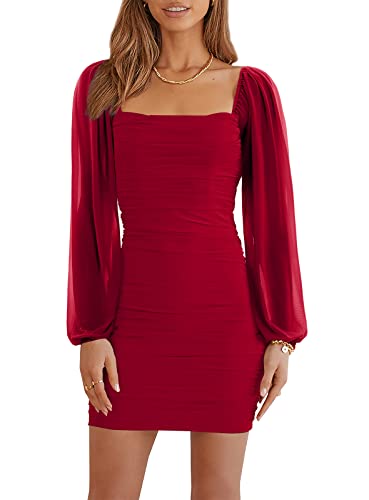 Wenrine Damen Kleider Party Cocktail Club Bodycon Kleid Hochzeitsgast Mesh Langarm Square Neck Minikleid Slim Fit(Rot,XL) von Wenrine