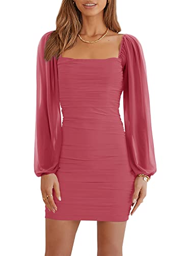 Wenrine Damen Kleider Party Cocktail Club Bodycon Kleid Hochzeitsgast Mesh Langarm Square Neck Minikleid Slim Fit(Wassermelone Rot,L) von Wenrine