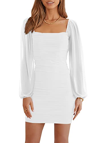Wenrine Damen Kleider Party Cocktail Club Bodycon Kleid Hochzeitsgast Mesh Langarm Square Neck Minikleid Slim Fit(Weiß,L) von Wenrine