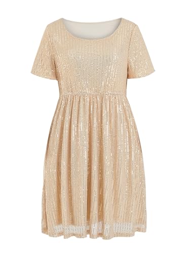 Wenrine Damen Pailletten Plus Size Minikleid Kurzarm U-Ausschnitt Plissee A Linie Cocktail Party Kleider, Champagner, XX-Large Mehr von Wenrine
