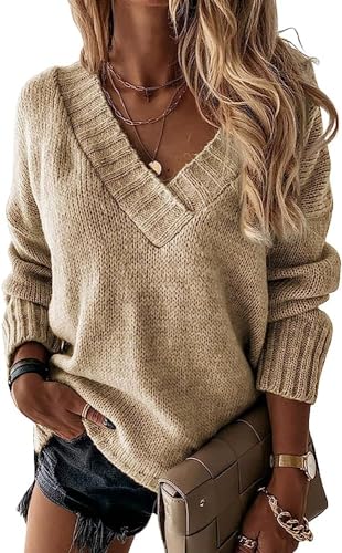 Wenrine Damen Pullover Winter Langarm V-Ausschnitt Strickpullover Sexy Einfarbig Lose von Wenrine