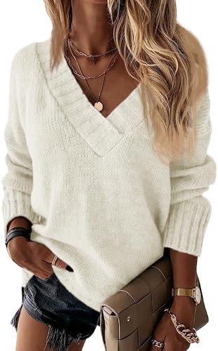 Wenrine Damen Pullover Winter Langarm V-Ausschnitt Strickpullover Sexy Lose Einfarbig(Beige,XXL) von Wenrine