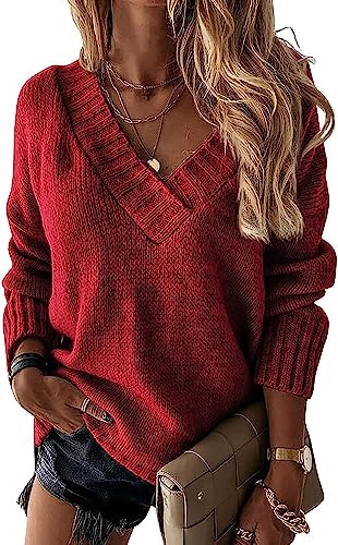 Wenrine Damen Pullover Winter Langarm V-Ausschnitt Strickpullover Sexy Lose Einfarbig von Wenrine