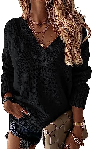 Wenrine Damen Pullover Winter Langarm V-Ausschnitt Strickpullover Sexy Lose Einfarbig von Wenrine