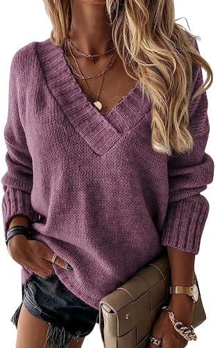 Wenrine Damen Pullover Winter Langarm V-Ausschnitt Strickpullover Sexy Lose Einfarbig von Wenrine