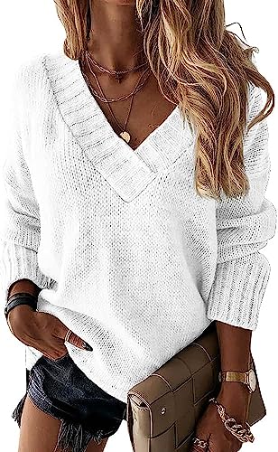 Wenrine Damen Pullover Winter Langarm V-Ausschnitt Strickpullover Sexy Lose Einfarbig von Wenrine