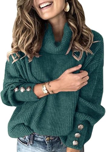 Wenrine Damen Rollkragen Pullover Oversized Winter Langarm Strickpullover Casual Warm Pulli Lose Gestrickt Sweater mit Metallknöpfen(Grün, M) von Wenrine