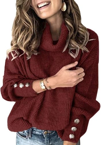 Wenrine Damen Rollkragen Pullover Oversized Winter Langarm Strickpullover Casual Warm Pulli Lose Gestrickt Sweater mit Metallknöpfen(Weinrot, S) von Wenrine