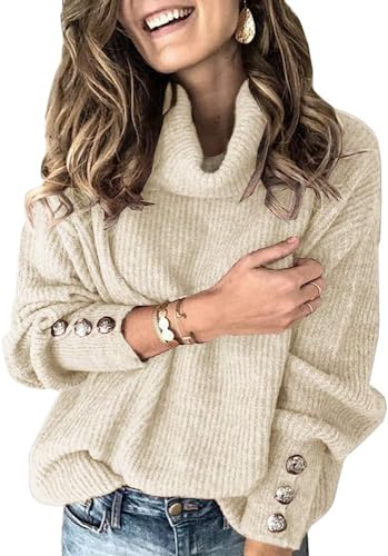 Wenrine Damen Rollkragen Pullover Winter Langarm Lose Strickpullover Casual Warm Gestrickt mit Metallknöpfen, Beige, 2XL von Wenrine