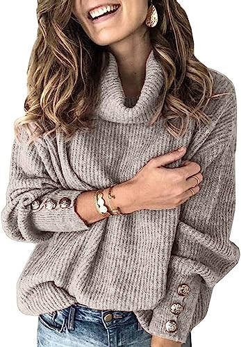 Wenrine Damen Rollkragen Pullover Oversized Winter Langarm Strickpullover Casual Warm Pulli Lose Gestrickt Sweater mit Metallknöpfen(Grau, S) von Wenrine