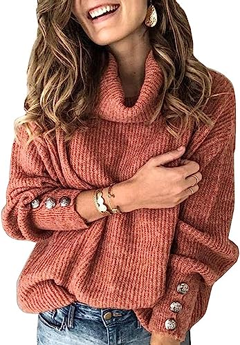 Wenrine Damen Rollkragen Pullover Oversized Winter Langarm Strickpullover Casual Warm Pulli Lose Gestrickt Sweater mit Metallknöpfen(Rot, M) von Wenrine