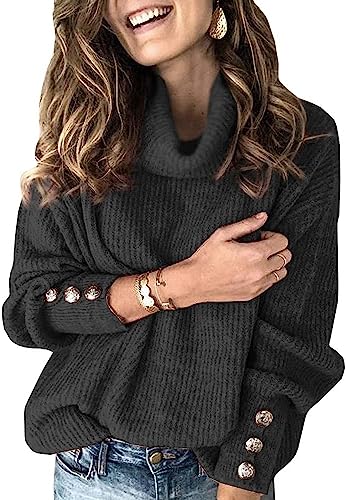Wenrine Damen Rollkragen Pullover Oversized Winter Langarm Strickpullover Casual Warm Pulli Lose Gestrickt Sweater mit Metallknöpfen(Schwarz, XXL) von Wenrine