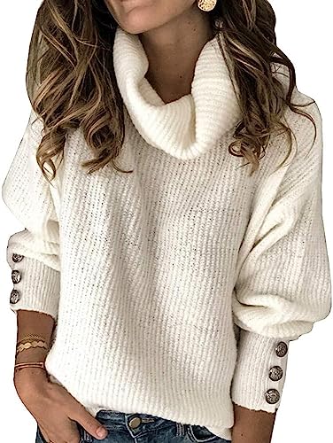 Wenrine Damen Rollkragen Pullover Oversized Winter Langarm Strickpullover Casual Warm Pulli Lose Gestrickt Sweater mit Metallknöpfen(Weiß, M) von Wenrine