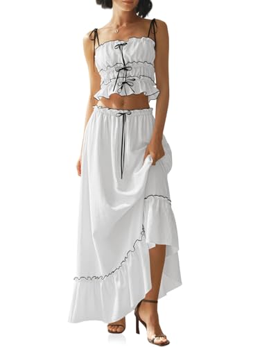 Wenrine Damen Sommer 2-teiliges Rock-Set Casual Spaghettiträger Cropped Cami Rüschen Maxi Rock Flowy Beach Outfit, Weiss/opulenter Garten, S von Wenrine