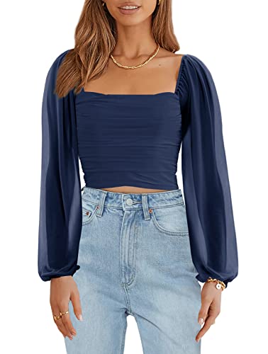 Wenrine Damen Sommer Mesh Langarm Tops Quadratischer Ausschnitt Rüschen Party Club Casual Crop Bluse Shirt, Marineblau, Klein von Wenrine