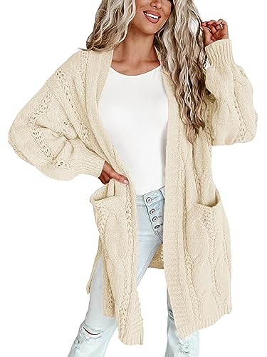 Wenrine Damen Strickjacke Winter Lang Cardigan Zopfmuster mit Taschen, Beige, L von Wenrine