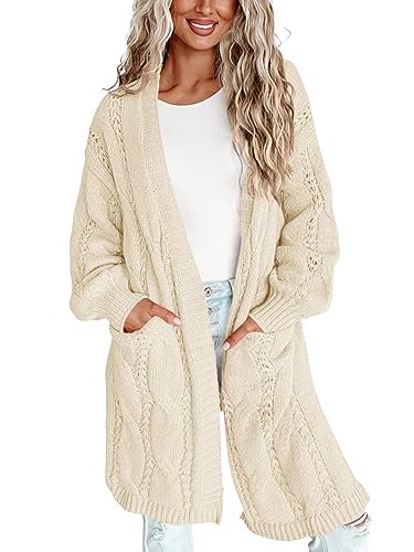 Wenrine Damen Strickjacke Winter Lang Cardigan Zopfmuster mit Taschen, Beige, M von Wenrine