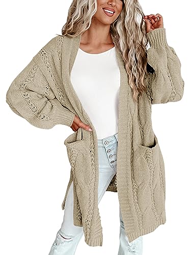 Wenrine Damen Strickjacke Winter Lang Cardigan Zopfmuster mit Taschen, Khaki, 2XL von Wenrine