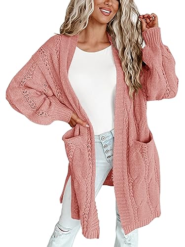 Wenrine Damen Strickjacke Winter Lang Cardigan Zopfmuster mit Taschen, Rosa, 2XL von Wenrine