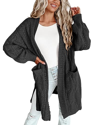 Wenrine Damen Strickjacke Winter Lang Cardigan Zopfmuster mit Taschen, Schwarz, L von Wenrine