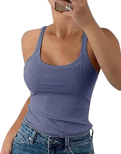 Wenrine Damen Tops Sommer Sexy U-Ausschnitt Gerippt Spaghetti Top Slim Fit Cami Einfarbig, Hellblau, 2XL von Wenrine