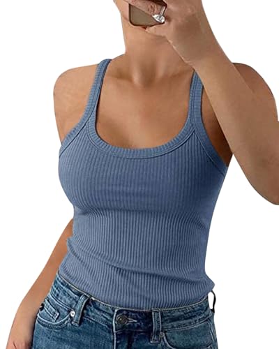 Wenrine Damen Tops Sommer Sexy U-Ausschnitt Gerippt Spaghetti Top Slim Fit Cami Einfarbig, Hellblau, XS von Wenrine