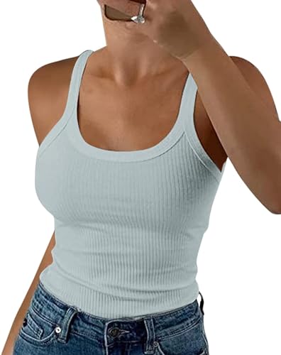 Wenrine Damen Tops Sommer Sexy U-Ausschnitt Gerippt Spaghetti Top Slim Fit Cami Einfarbig, Himmelblau, XS von Wenrine