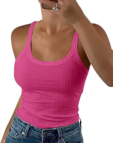 Wenrine Damen Tops Sommer Sexy U-Ausschnitt Gerippt Spaghetti Top Slim Fit Cami Einfarbig, Rosenrot, M von Wenrine