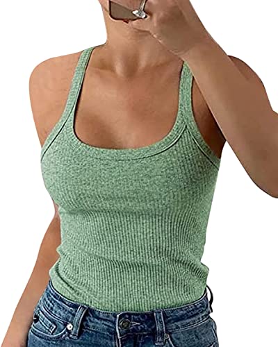 Wenrine Damen Tops Sommer Sexy U-Ausschnitt Gerippt Spaghetti Top Slim Fit Cami Einfarbig, Grün, S von Wenrine