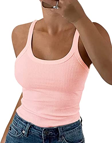 Wenrine Damen Tops Sommer Sexy U-Ausschnitt Gerippt Spaghetti Top Slim Fit Cami Einfarbig, Rosa, M von Wenrine