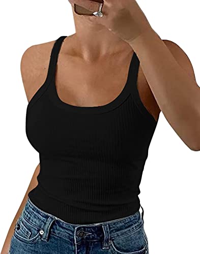 Wenrine Damen Tops Sommer Sexy U-Ausschnitt Gerippt Spaghetti Top Slim Fit Cami Einfarbig, Schwarz, XL von Wenrine