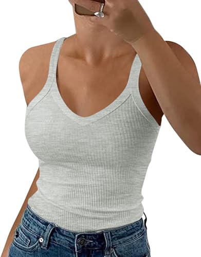 Wenrine Damen Tops Sommer Sexy V-Ausschnitt Gerippt Spaghetti Top Slim Fit Cami Einfarbig von Wenrine