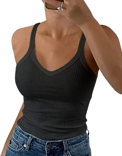 Wenrine Damen Tops Sommer Sexy V-Ausschnitt Gerippt Spaghetti Top Slim Fit Cami Einfarbig von Wenrine