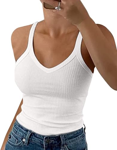 Wenrine Damen Tops Sommer Sexy V-Ausschnitt Gerippt Spaghetti Top Slim Fit Cami Einfarbig von Wenrine