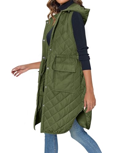 Wenrine Damen Weste Lang Ärmellose Winter Steppweste mit Kapuze und Taschen Casual, Armeegrün, M von Wenrine
