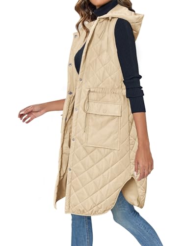 Wenrine Damen Weste Lang Ärmellose Winter Steppweste mit Kapuze und Taschen Casual, Khaki, XL Wenrine Damen Weste Lang Ärmellose Winter Steppweste mit Kapuze und Taschen Casual, Khaki, XL von Wenrine