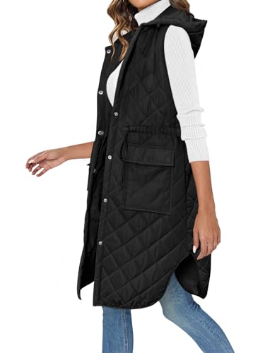 Wenrine Damen Weste Lang Ärmellose Winter Steppweste mit Kapuze und Taschen Casual, Schwarz, 2XL Wenrine Damen Weste Lang Ärmellose Winter Steppweste mit Kapuze und Taschen Casual, Schwarz, 2XL von Wenrine
