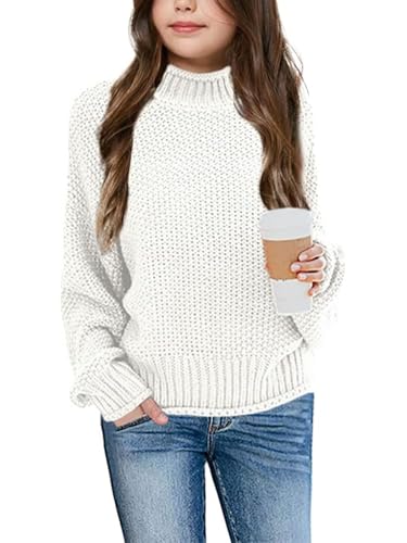 Wenrine Mädchen Pullover Winter Rollkragen Strickpullover Gestrickt Strickpulli Sweater Langarm Oberteile für Kinder(Weiß, 11-12 Jahre) von Wenrine