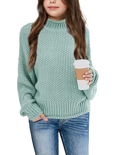 Wenrine Mädchen Pullover Winter Rollkragen Strickpullover Gestrickt Strickpulli Sweater Langarm Oberteile für Kinder(Grün, 7-8 Jahre) von Wenrine