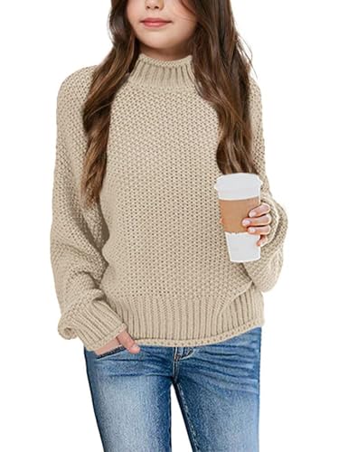 Wenrine Mädchen Pullover Winter Rollkragen Strickpullover Langarm Gestrickt Casual 5-14 Jahre(Khaki,7-8 Jahre) von Wenrine