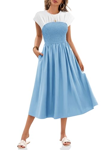 Wenrine Sommerkleid Damen Kurzarm Kleider Lang A-Linie Casual Maxikleid mit Taschen, Blau, XXL von Wenrine